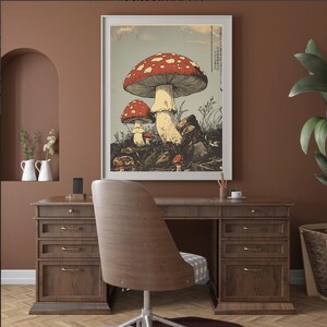 Japanese woodcut-style art print of red Amanita mushrooms with vintage botanical detailing. Perfect for nature and mushroom art lovers.