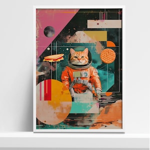Space Cat Collage Art Print - Quirky Astronaut Cat with Retro Elements, Fun and Colorful Wall Decor