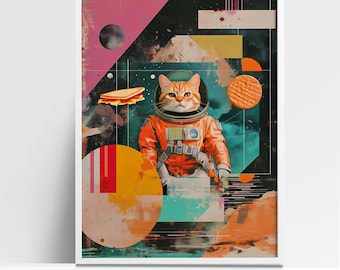 Space Cat Collage Art Print - Quirky Astronaut Cat with Retro Elements, Fun and Colorful Wall Decor
