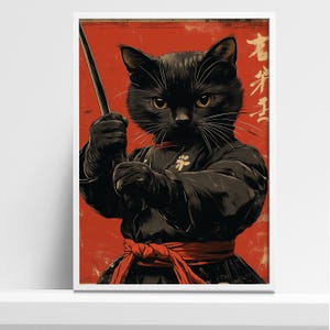 Black Cat Samurai Art Print - Japanese Edo Style Poster