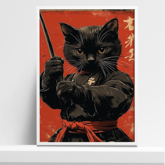 Black Cat Samurai Art Print - Japanese Edo Style Poster - Etsy
