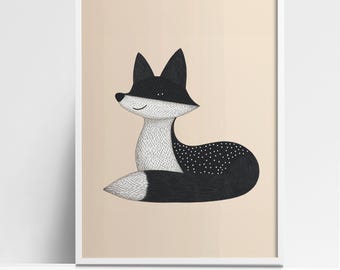Monochrome Scandinavian Fox Art Print - Minimalist Nordic Animal Illustration