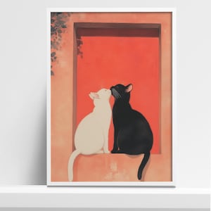 恋する白猫と黒猫のアートプリント - ミニマリストのロマンチックなイラスト