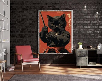 Black Cat Samurai Art Print - Japanese Edo Style Poster - Etsy