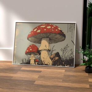 Japanese woodcut-style art print of red Amanita mushrooms with vintage botanical detailing. Perfect for nature and mushroom art lovers.