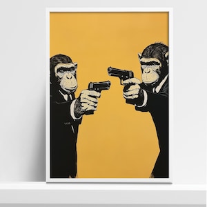 May include: Two chimpanzees in black suits and ties are holding guns, facing each other on a yellow background.