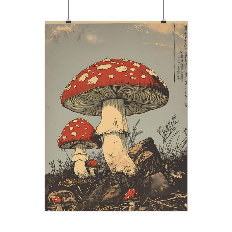 Japanese woodcut-style art print of red Amanita mushrooms with vintage botanical detailing. Perfect for nature and mushroom art lovers.