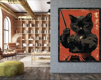 Black Cat Samurai Art Print - Japanese Edo Style Poster - Etsy