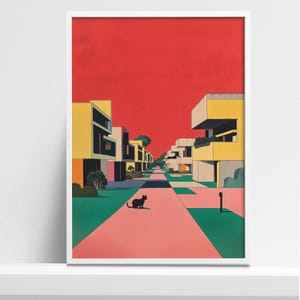Farbenfroher modernistischer Architektur Kunstdruck - Lebendige Betonvillen mit schwarzer Katze, retro-inspirierte Stadtlandschaft
