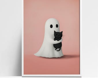 Lámina artística de fantasma y gato negro para Halloween – Decoración de pared espeluznante