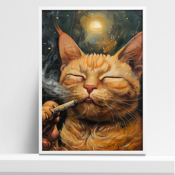 cat smoking cigarette painting tj maxx Surreal Smoking Cat Giclée Art Print – Chill Home Decor