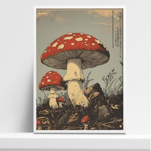 Japanese woodcut-style art print of red Amanita mushrooms with vintage botanical detailing. Perfect for nature and mushroom art lovers.