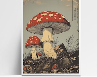 Japanese Woodcut Mushroom Art Print – Vintage Botanical Illustration, Red Amanita Mushrooms