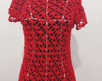 Gehäkelte rote Bluse, gehäkeltes Blumentop, handgemachte Häkelbluse, einfaches rotes Crop-Top, handgemachtes Damen-Vintage-Top, elegante Boho-Sommertunika