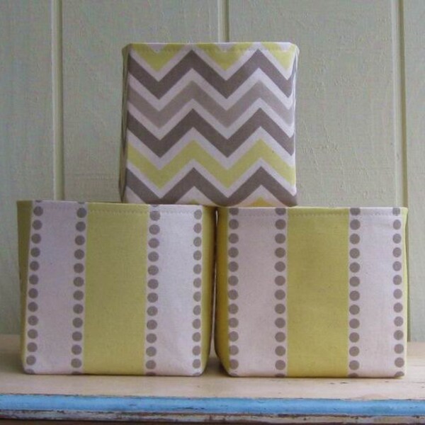 Fabric Storage Bins- Yellow- Gray- Off White- Taupe- Chevron- Stripes- Small- Set of Three