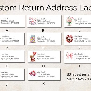 May include: Custom return address labels with diverse designs, such as a teddy bear, floral arrangements, and hearts. Each label displays a name and address. The image shows 30 labels per sheet, each measuring 6.67 x 2.54 cm.