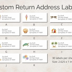 May include: A sheet of custom return address labels featuring summer-themed illustrations such as flip-flops, ice cream, and a beach ball. Each label includes the name "Jane Smith" and address details. The sheet contains 30 labels, each measuring approximately 6.67 x 2.54 cm.