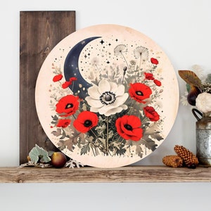 Vintage Celestial Wall Art - Botanical Moon & Poppies | Boho Wall Decor | Witch Decor | Whimsigoth Wooden Sign