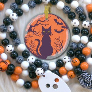Halloween Black Cat Ornament, Spooky Glass Tree Decoration with Bats & Moon, Gothic Fall Home Decor or Gift for Halloween Lovers