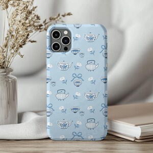 Coquette iPhone Case with Blue Floral Tea Party Print | Cottagecore Aesthetic Vintage Phone Cover | Cute Gift for Her or Mom