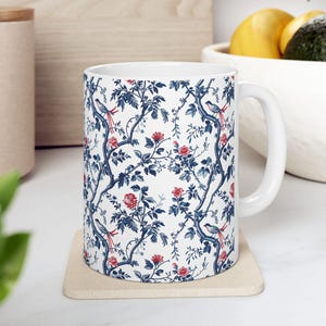 Toile Ceramic Mug, Blue and White Chinoiserie Floral Coffee Cup, Cottagecore Tea Mug, Vintage French Bird Print Gift for Her