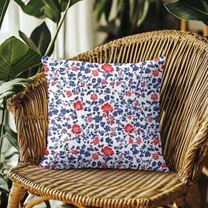 Patriotic Red White Blue Throw Pillow Fourth of July Decor Summer Outdoor Pillow Cover USA Flag Floral Cushion Patriotic Home Accent