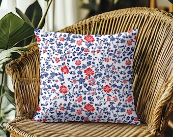 Patriotic Red White Blue Throw Pillow Fourth of July Decor Summer Outdoor Pillow Cover USA Flag Floral Cushion Patriotic Home Accent