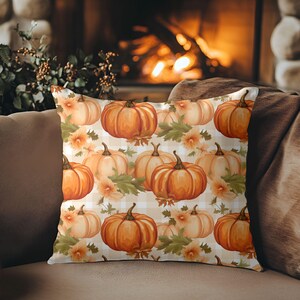 Fall Pumpkin Throw Pillow with Insert Gingham Farmhouse Decor Autumn Cushion Rustic Thanksgiving Accent Orange Fall Living Room Pillow
