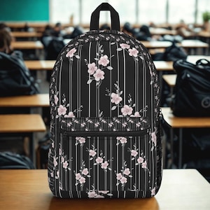 Black Pink Floral Backpack Grunge Aesthetic, Gothic School Bag, Alt Girl Student Pack, Y2K Edgy Backpack, Dark Floral College Bag