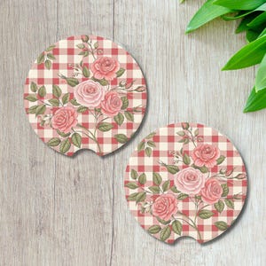 Sottobicchieri per auto Gingham Rose: inserti assorbenti in pietra ollare per portabicchieri - Set da 2