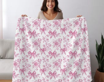 Pink Toile Velveteen Blanket: French Country Cottagecore Throw