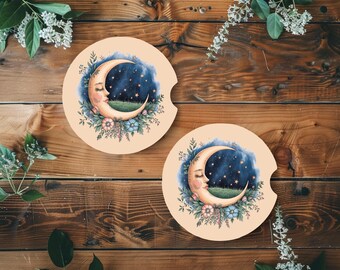 Posavasos bohemios celestiales para coche, decoración de luna y estrellas, portavasos absorbente, regalo de estética witchcore para ella.