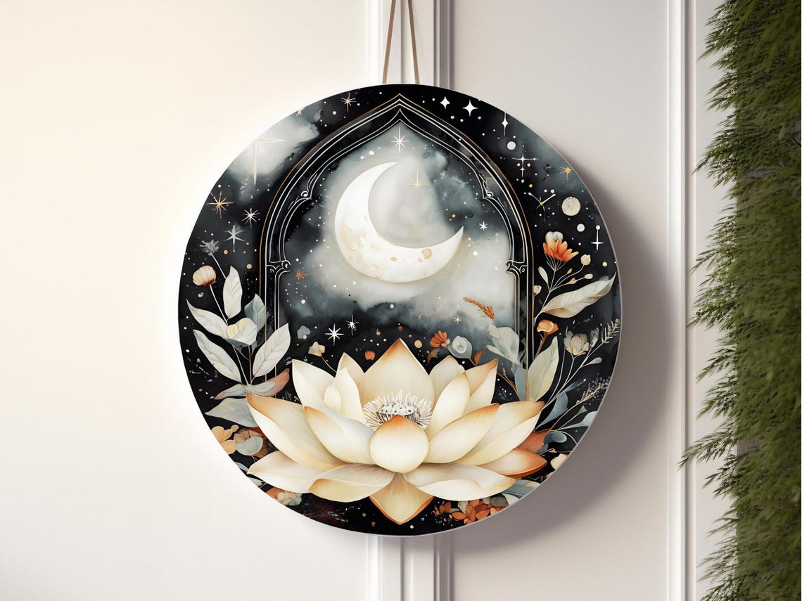 Boho Celestial Moon & Lotus Wood Wall Art | Mystical Arch Window Night ...