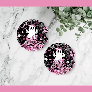 Spooky Babe Ghost Car Coaster | Cute Pink Halloween Design | Absorbent Floral Car Drink Holder | Girly Car Accessory | Halloween Coasters