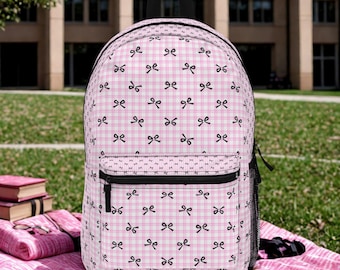 Sac à dos en vichy rose avec nœuds noirs : cartable preppy Coquette