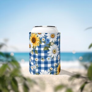 Florale Dosenkühlerhülle: Blauer Gingham-Neopren-Getränkehalter