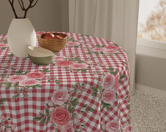 Gingham Rose Tablecloth: Red Floral Cottagecore Table Cover
