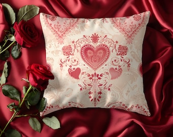 Chinoiserie Heart Pillow | Vintage Romantic Throw Pillow | Elegant Red Damask Cushion | French Country Home Decor | Ornate Heart Accent