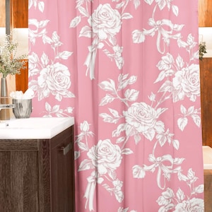 Pink Toile Rose Shower Curtain | Floral Bathroom Decor | French Country Shower Curtain | Coquette Aesthetic | Shabby Chic Bath Decor