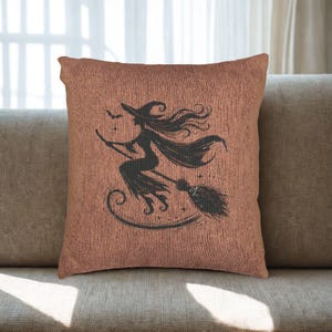 Witch Halloween Woven Pillow, Spooky Silhouette Throw Pillow, Rustic Fall Decor, Vintage Broomstick Accent Cushion for Halloween Home