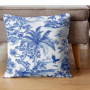 Blue Chinoiserie Pillow | Toile Decorative Throw Pillow | Vintage French Country Accent | Classic Blue & White Home Décor | Elegant Cushion