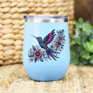 Hummingbird Wine Tumbler | Insulated Stainless Steel Cup | 12oz Travel Mug for Wine, Coffee, Tea | Floral Bird Gift for Her
