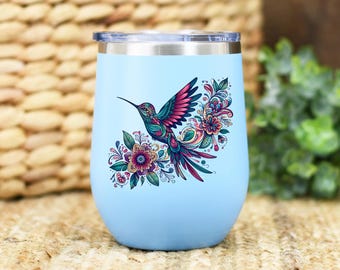 Vaso de vino Hummingbird: Taza de viaje de acero inoxidable con aislamiento floral