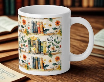 Book Lover Mug 20oz Ceramic, Vintage Floral Bookshelf Coffee Cup