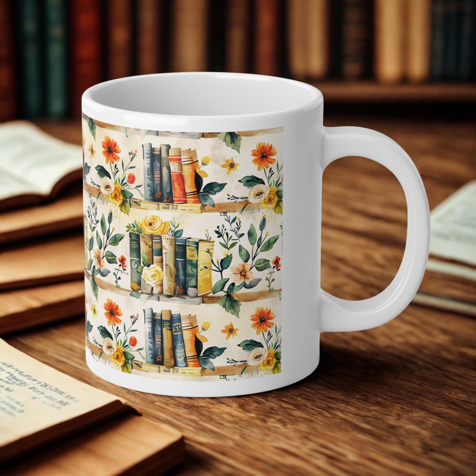 Book Lover Mug 20oz Ceramic, Vintage Floral Bookshelf Coffee Cup