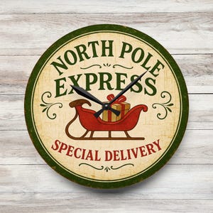 Horloge de Noël North Pole Express | murale vintage Père Noël traîneau | Acrylique | Rond