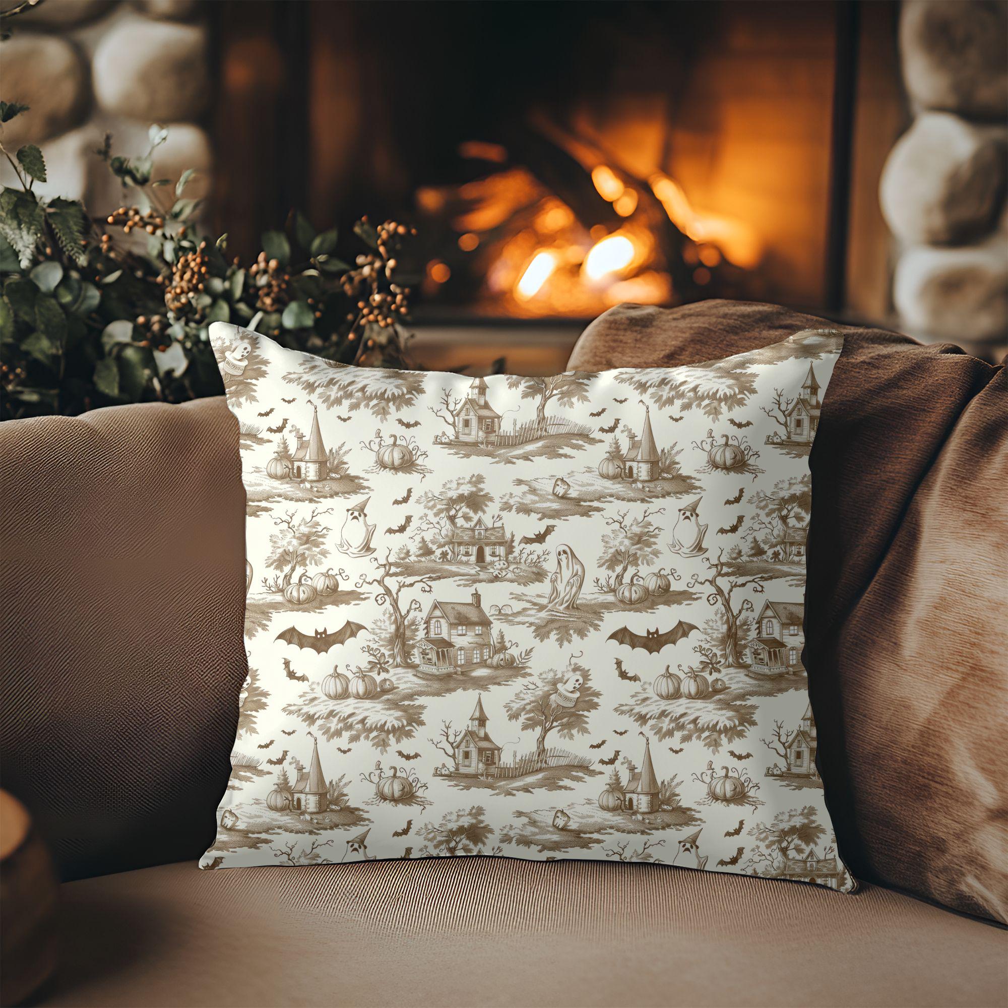 Halloween Toile Pillow Cover, Spooky Village Cushion Case, Gothic Farmhouse Decor, Vintage Haunted Toile Pillow, Autumn Throw Pillowcase