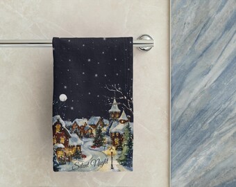 Christmas Hand Towel, Silent Night Winter Village Kitchen and Bathroom Towel