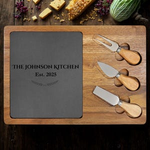 Custom Charcuterie Board with Slate, Personalized Cheese Tray, Engraved Kitchen Gift, Acacia Wood Serving Board Set