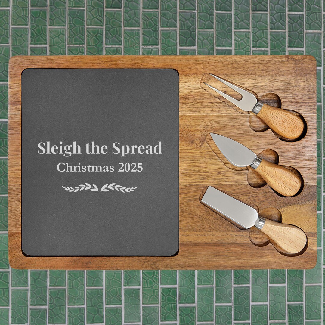 Personalized Acacia Wood Charcuterie Board With Slate & Cheese Knives ...